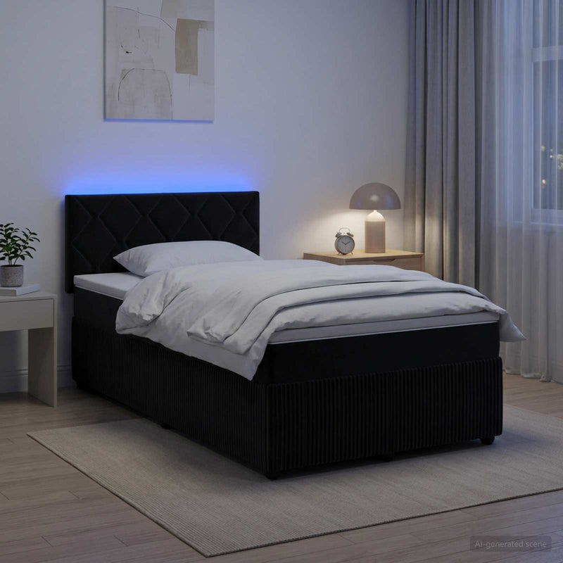 Pat boxspring cu saltea cu benzi LED Negru 120 x 190 cm Catifea