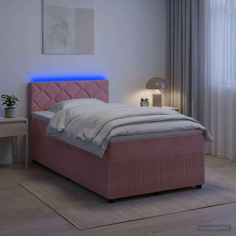 Pat boxspring cu saltea cu benzi LED Roz 120 x 190 cm Catifea