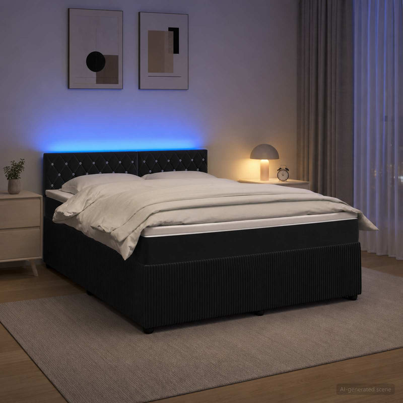 Pat boxspring cu saltea cu benzi LED Negru 140 x 200 cm Catifea