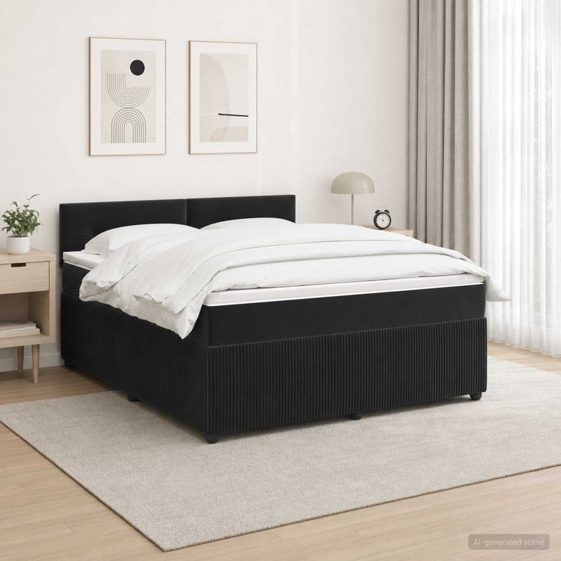 Pat boxspring cu saltea cu benzi LED Negru 140 x 190 cm Catifea
