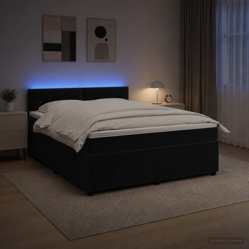 Pat boxspring cu saltea cu benzi LED Negru 140 x 200 cm Catifea