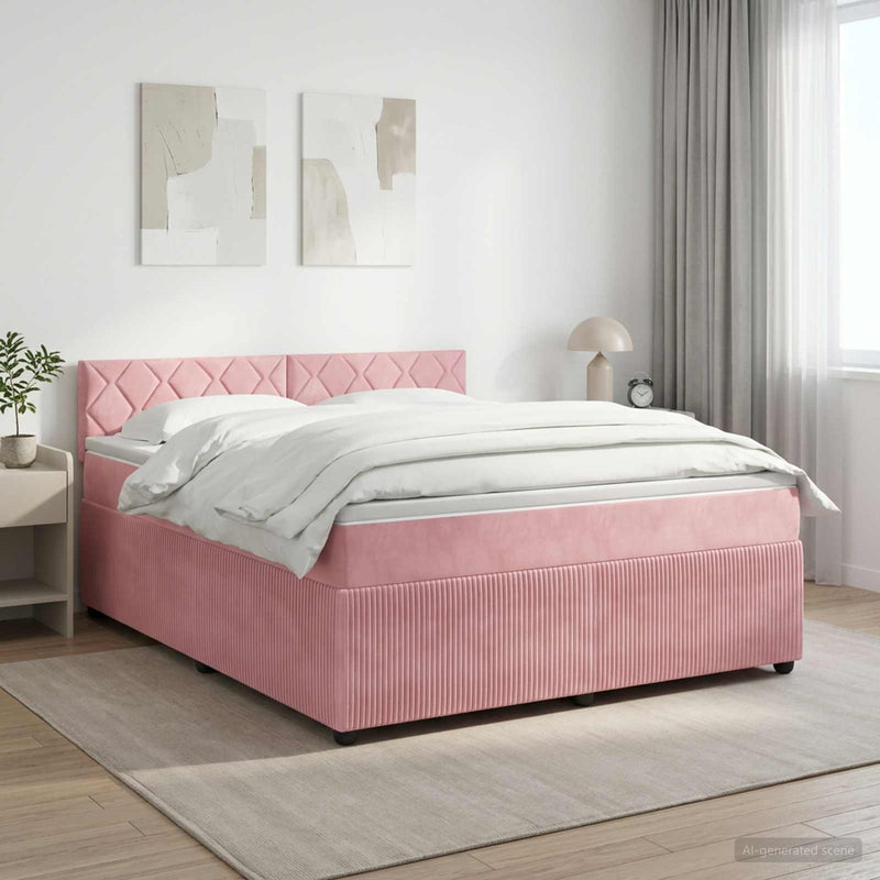 Pat boxspring cu saltea cu benzi LED Roz 140 x 190 cm Catifea