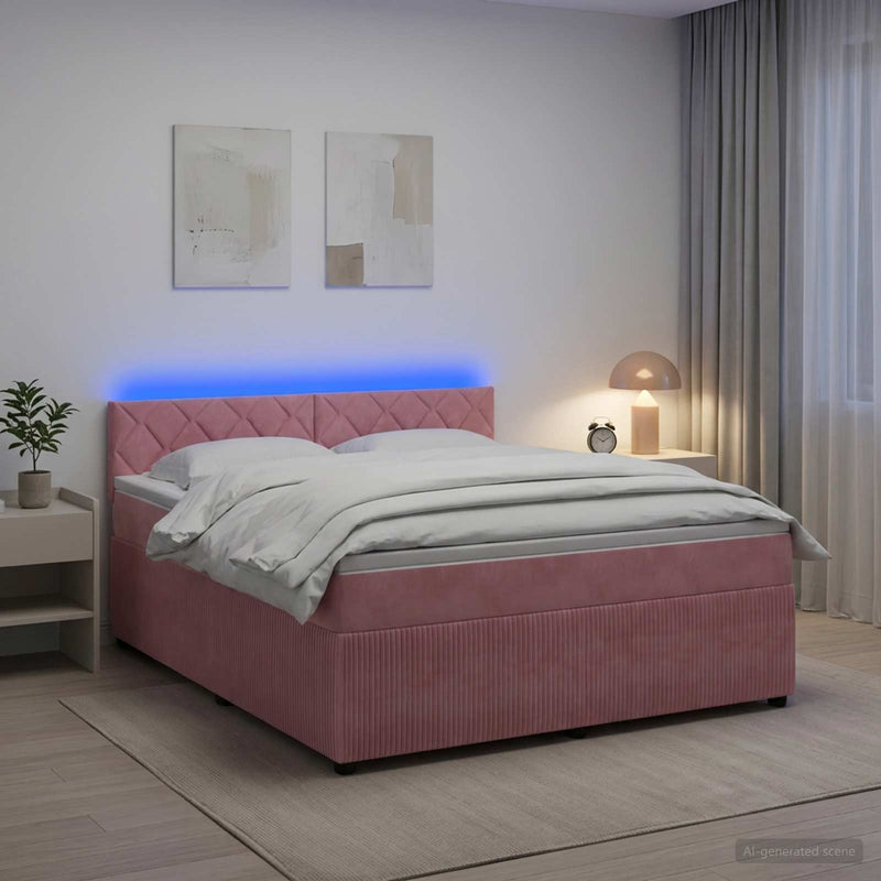Pat boxspring cu saltea cu benzi LED Roz 140 x 190 cm Catifea