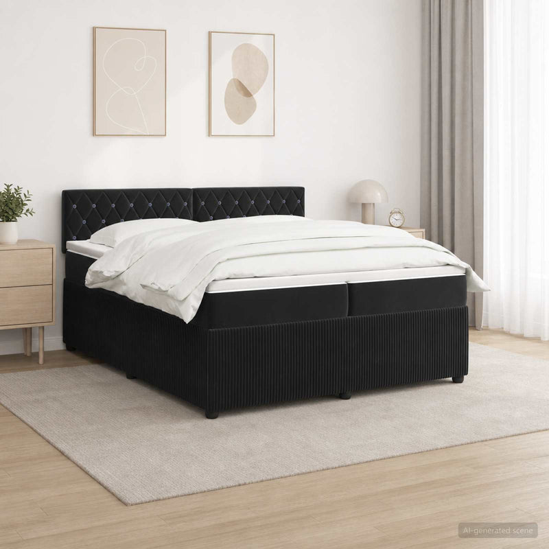 Pat boxspring cu saltea cu benzi LED Negru 200 x 200 cm Catifea