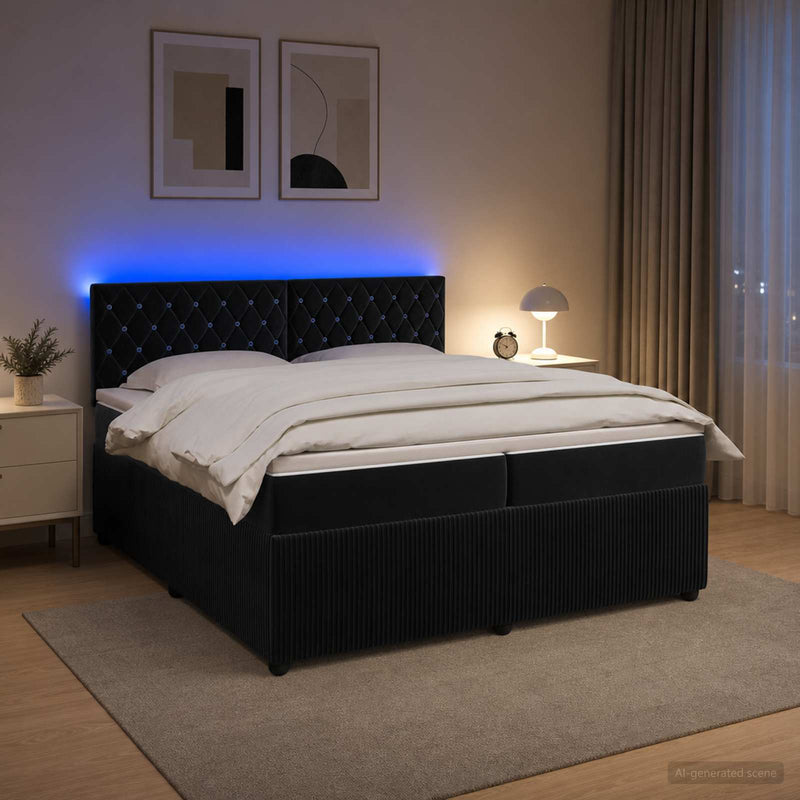 Pat boxspring cu saltea cu benzi LED Negru 200 x 200 cm Catifea