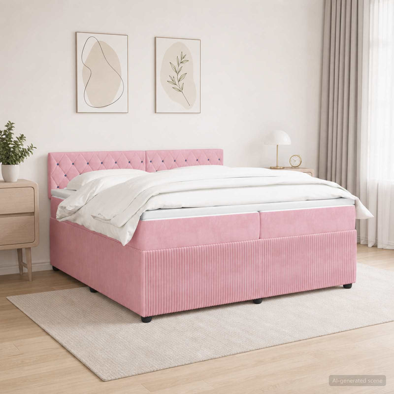 Pat boxspring cu saltea cu benzi LED Roz 200 x 200 cm Catifea