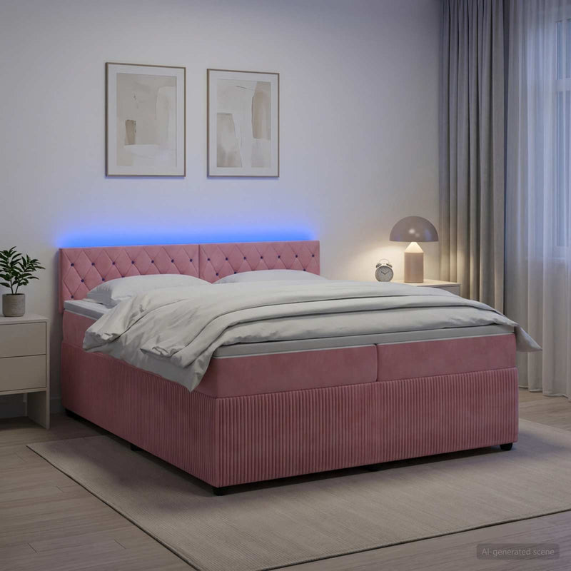 Pat boxspring cu saltea cu benzi LED Roz 200 x 200 cm Catifea
