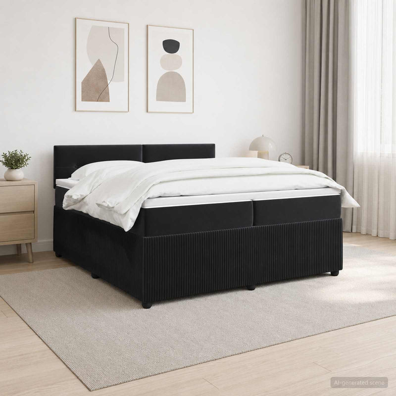 Pat boxspring cu saltea cu benzi LED Negru 200 x 200 cm Catifea