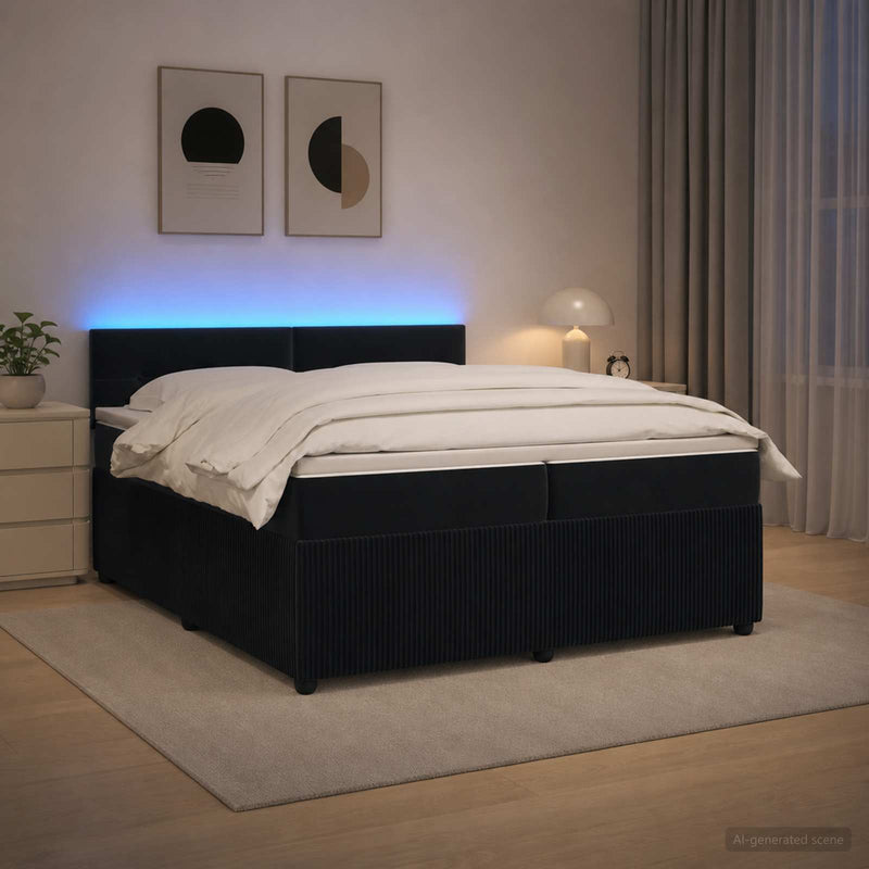 Pat boxspring cu saltea cu benzi LED Negru 200 x 200 cm Catifea