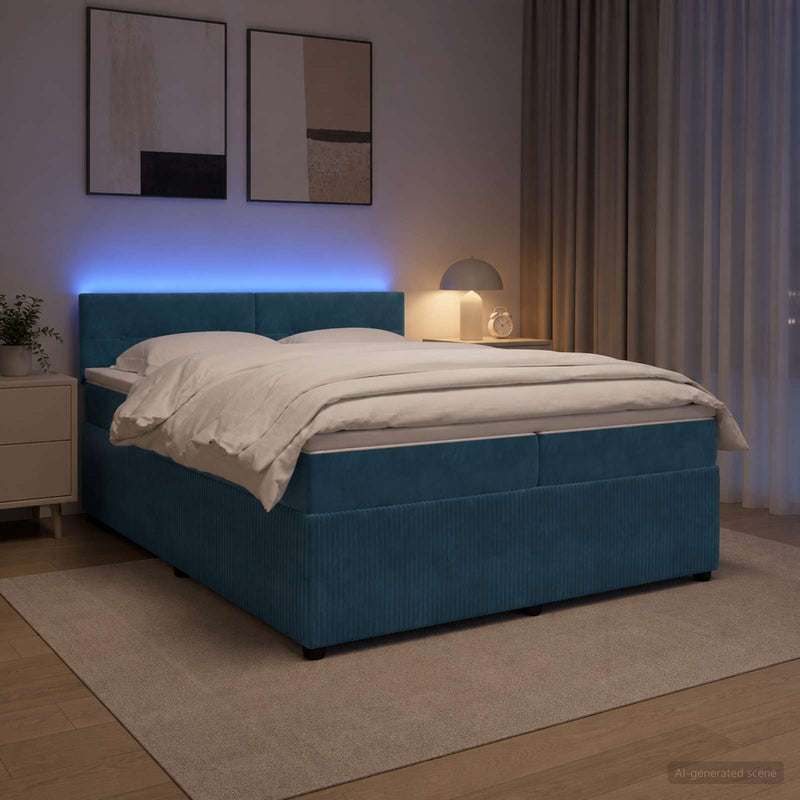 Pat boxspring cu saltea albastru 200 x 200 cm Catifea