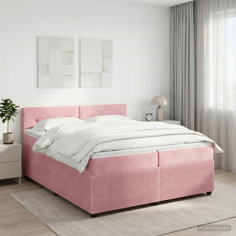 Pat boxspring cu saltea cu benzi LED Roz 200 x 200 cm Catifea