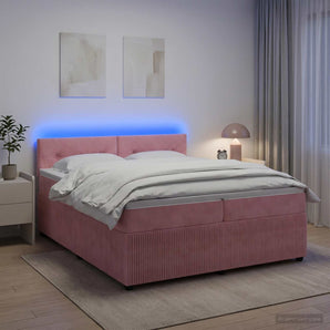 Pat boxspring cu saltea cu benzi LED Roz 200 x 200 cm Catifea