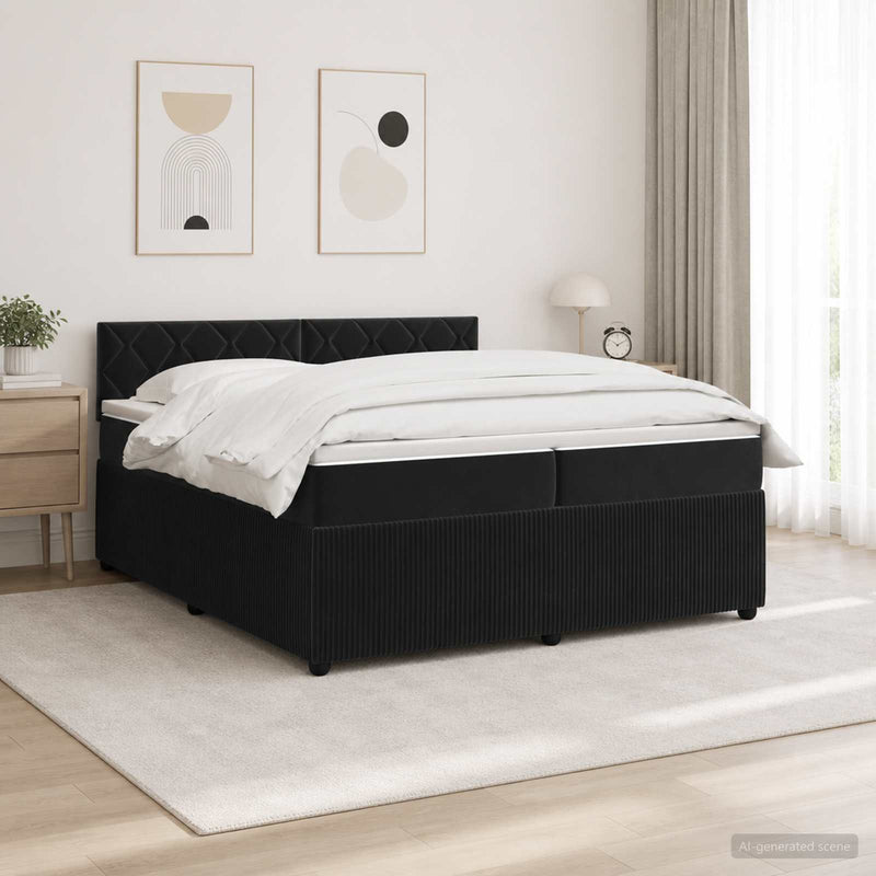 Pat boxspring cu saltea cu benzi LED Negru 200 x 200 cm Catifea