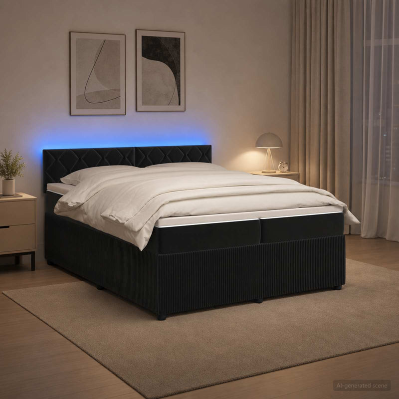 Pat boxspring cu saltea cu benzi LED Negru 200 x 200 cm Catifea