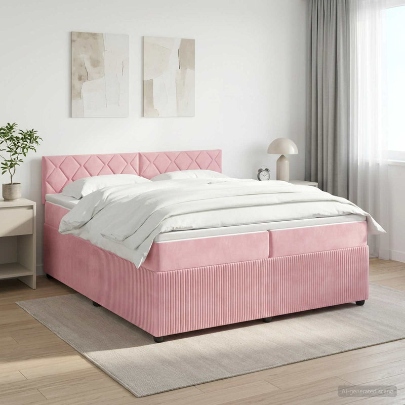 Pat boxspring cu saltea cu benzi LED Roz 200 x 200 cm Catifea