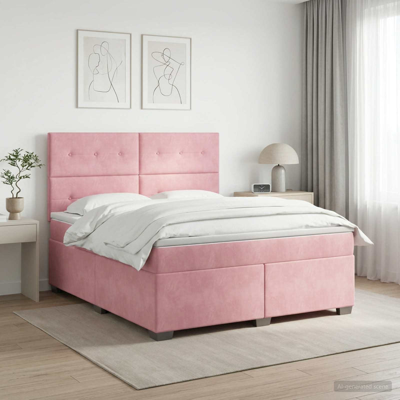Pat boxspring cu saltea cu headboard Roz 140 x 200 cm Catifea