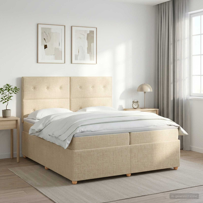 Pat boxspring cu saltea cu headboard Crem 200 x 200 cm Țesătură