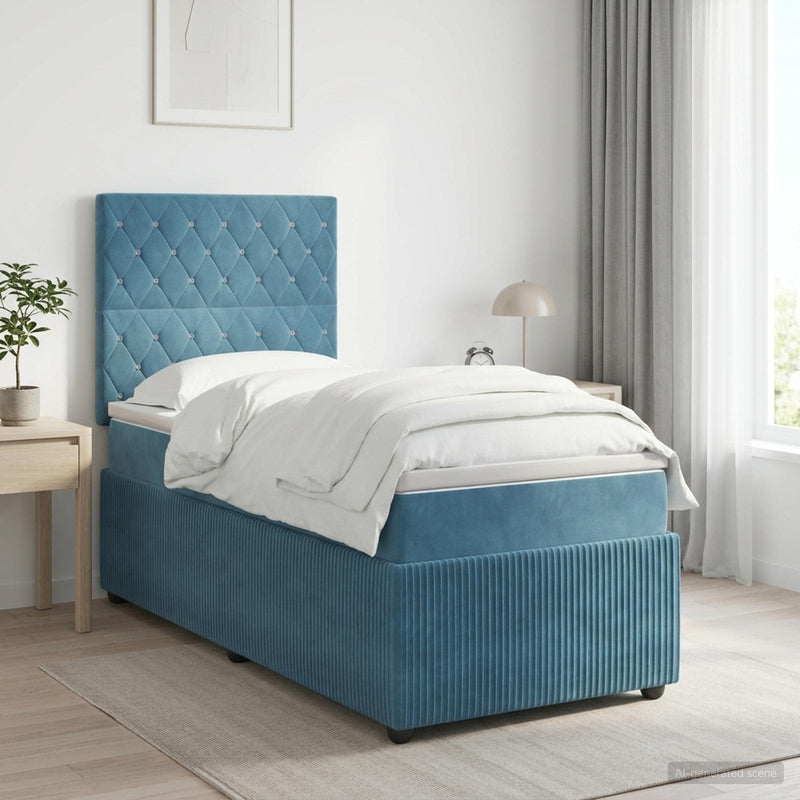 Pat boxspring cu saltea albastru 90 x 200 cm Catifea