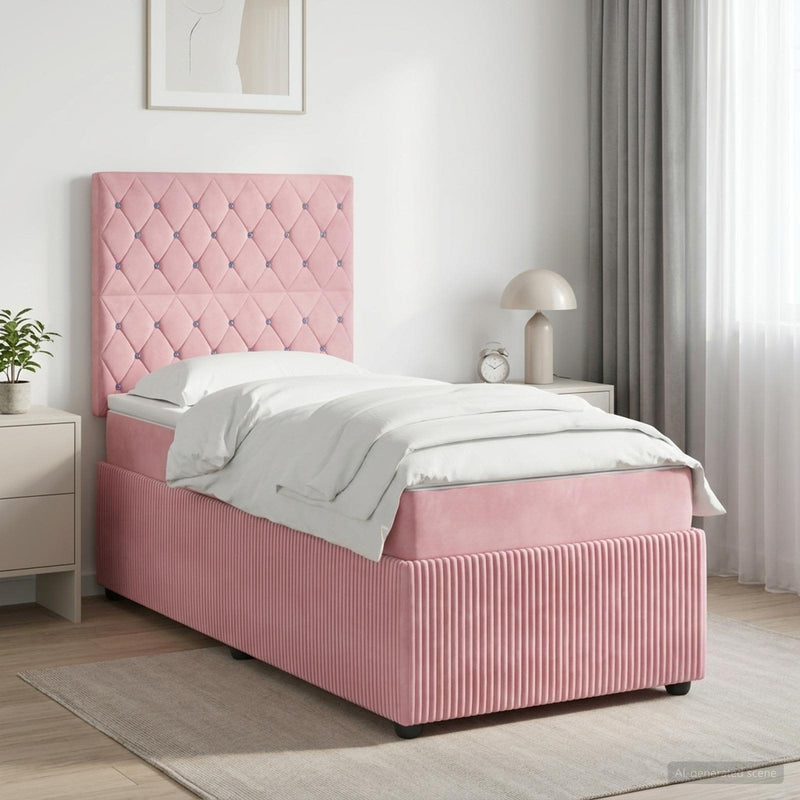 Pat boxspring cu saltea cu headboard Roz 90 x 200 cm Catifea