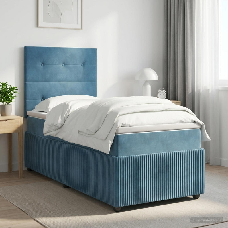 Pat boxspring cu saltea albastru 90 x 200 cm Catifea