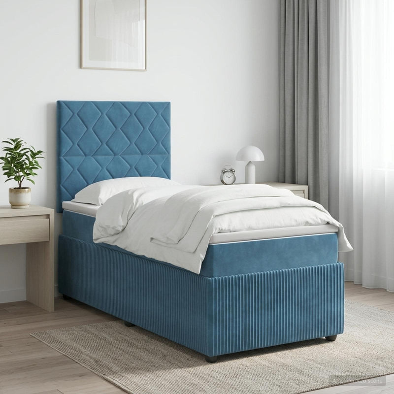 Pat boxspring cu saltea albastru 90 x 200 cm Catifea