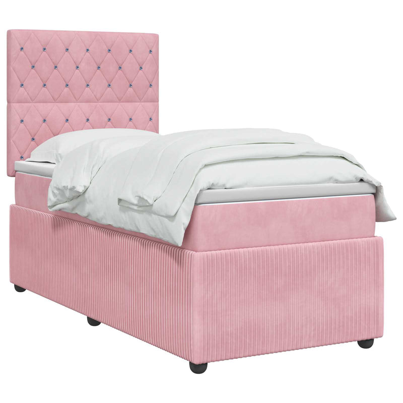 Pat boxspring cu saltea cu headboard Roz 90 x 190 cm Catifea