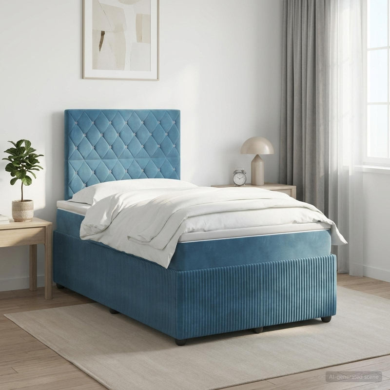 Pat boxspring cu saltea albastru 120 x 190 cm Catifea