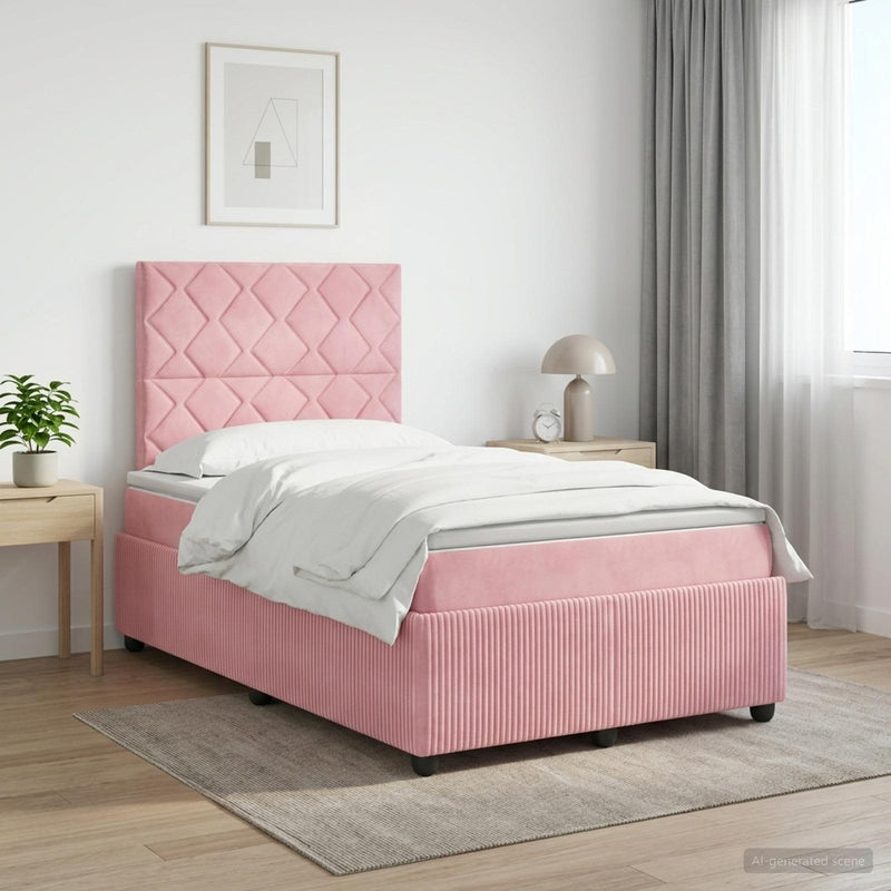 Pat boxspring cu saltea cu headboard Roz 120 x 200 cm Catifea