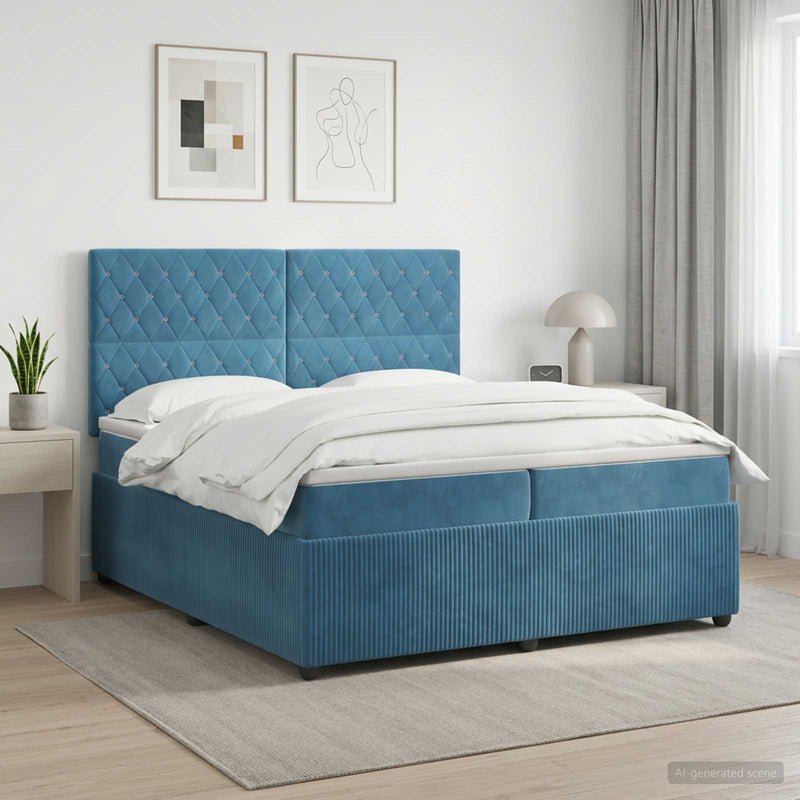 Pat boxspring cu saltea albastru 200 x 200 cm Catifea