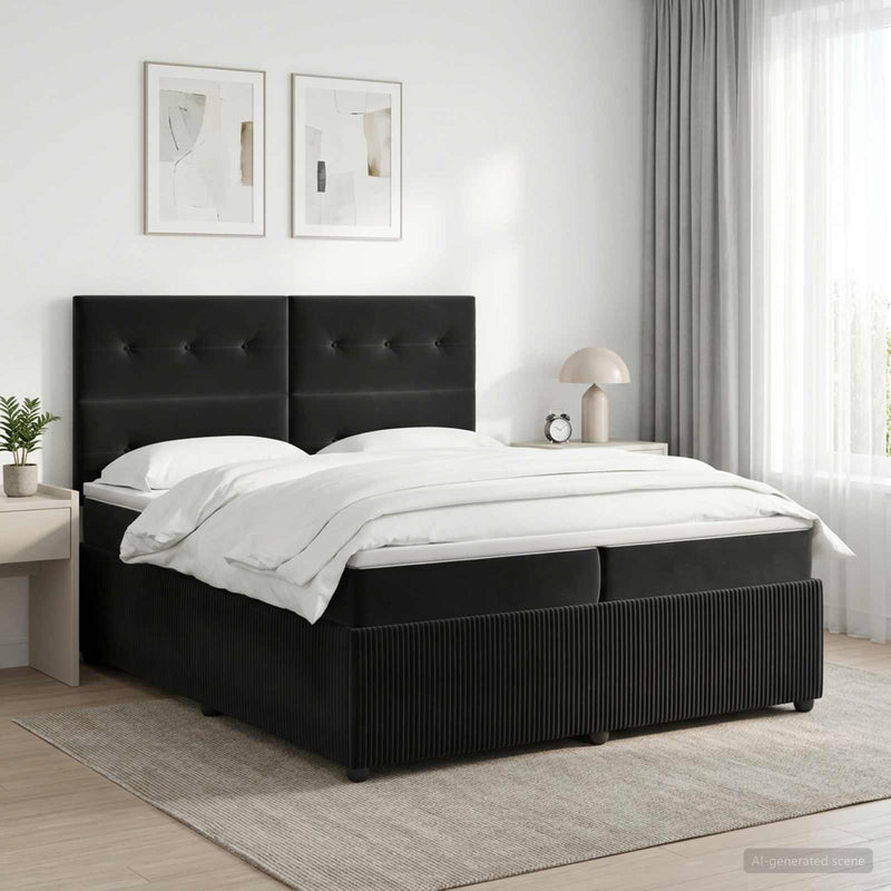 Pat boxspring cu saltea cu headboard Negru 200 x 200 cm Catifea