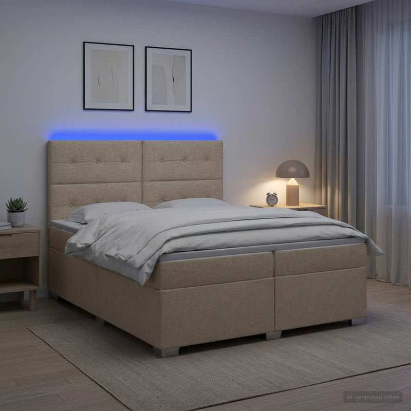 Pat boxspring cu saltea cu benzi LED Crem 200 x 200 cm Țesătură