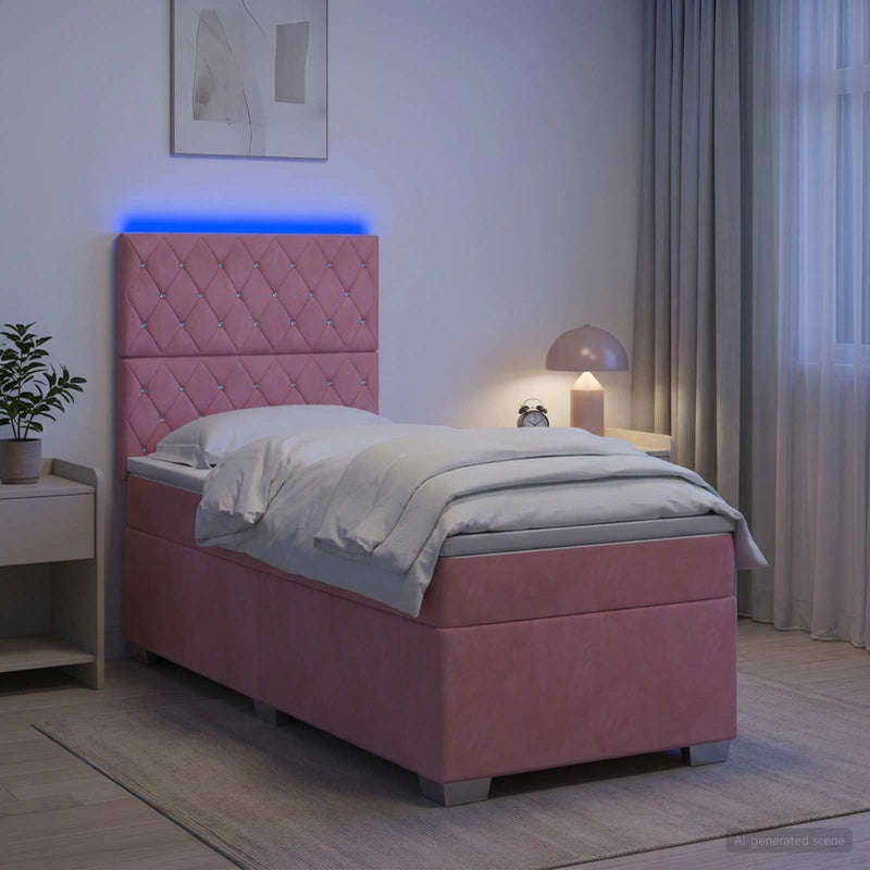 Pat boxspring cu saltea cu benzi LED Roz 80 x 200 cm Catifea