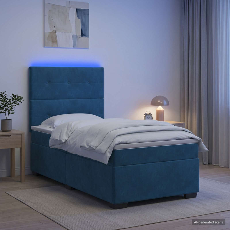 Pat boxspring cu saltea albastru 90 x 200 cm Catifea