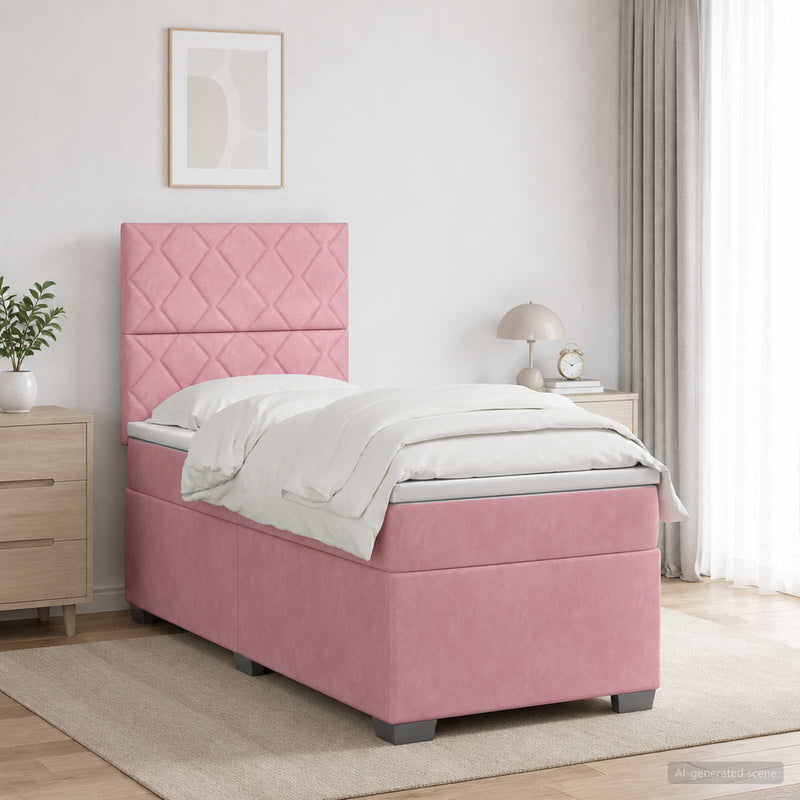 Pat boxspring cu saltea cu benzi LED Roz 80 x 200 cm Catifea
