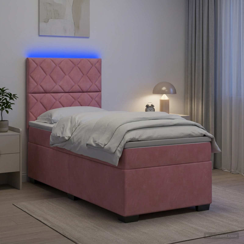 Pat boxspring cu saltea cu benzi LED Roz 80 x 200 cm Catifea