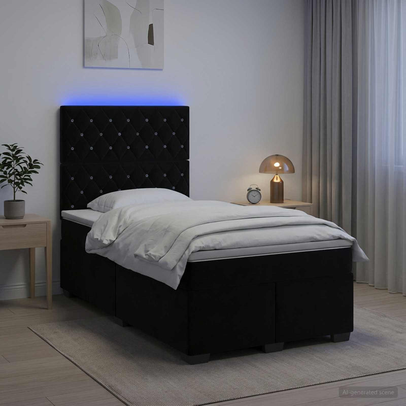 Pat boxspring cu saltea cu benzi LED Negru 120 x 200 cm Catifea