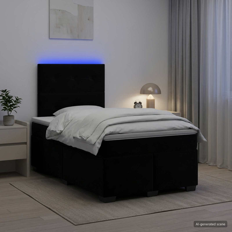 Pat boxspring cu saltea cu benzi LED Negru 120 x 190 cm Catifea