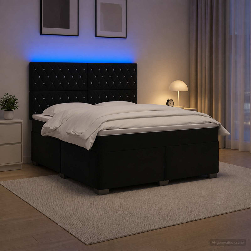Pat boxspring cu saltea cu benzi LED Negru 180 x 200 cm Catifea