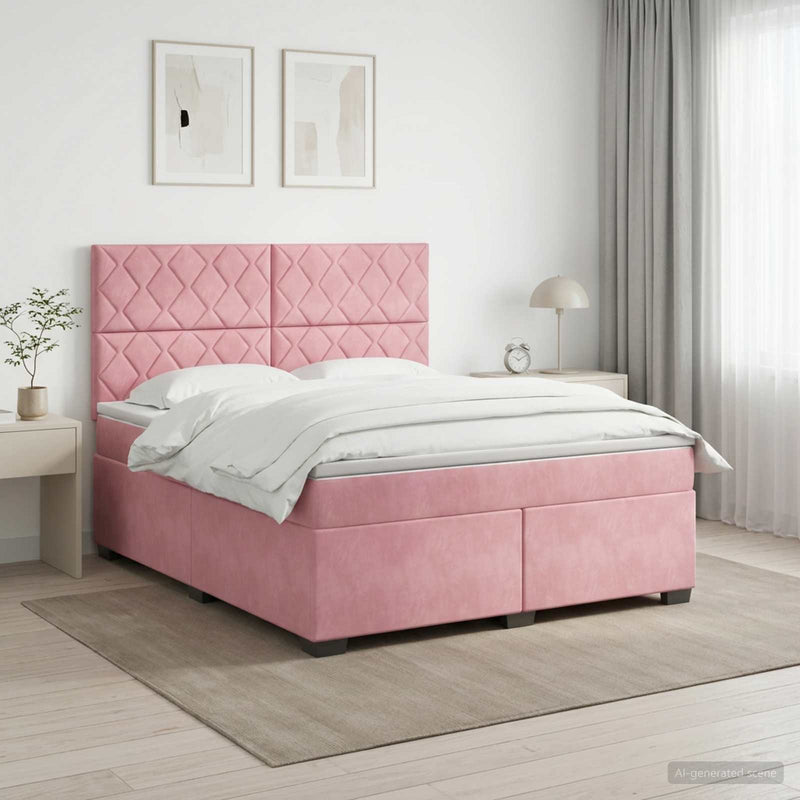 Pat boxspring cu saltea cu benzi LED Roz 140 x 200 cm Catifea