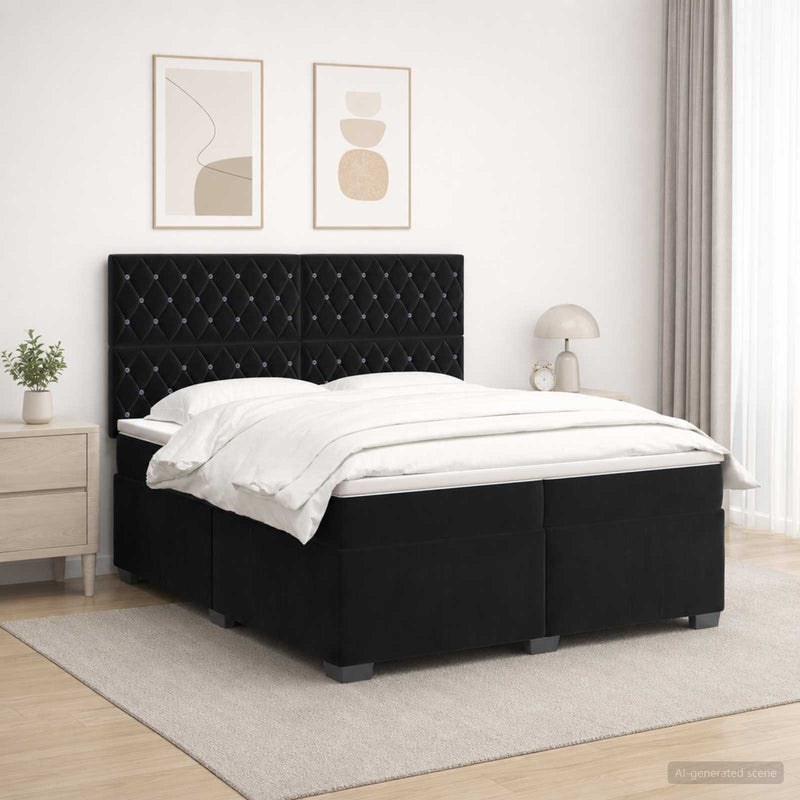 Pat boxspring cu saltea cu benzi LED Negru 200 x 200 cm Catifea