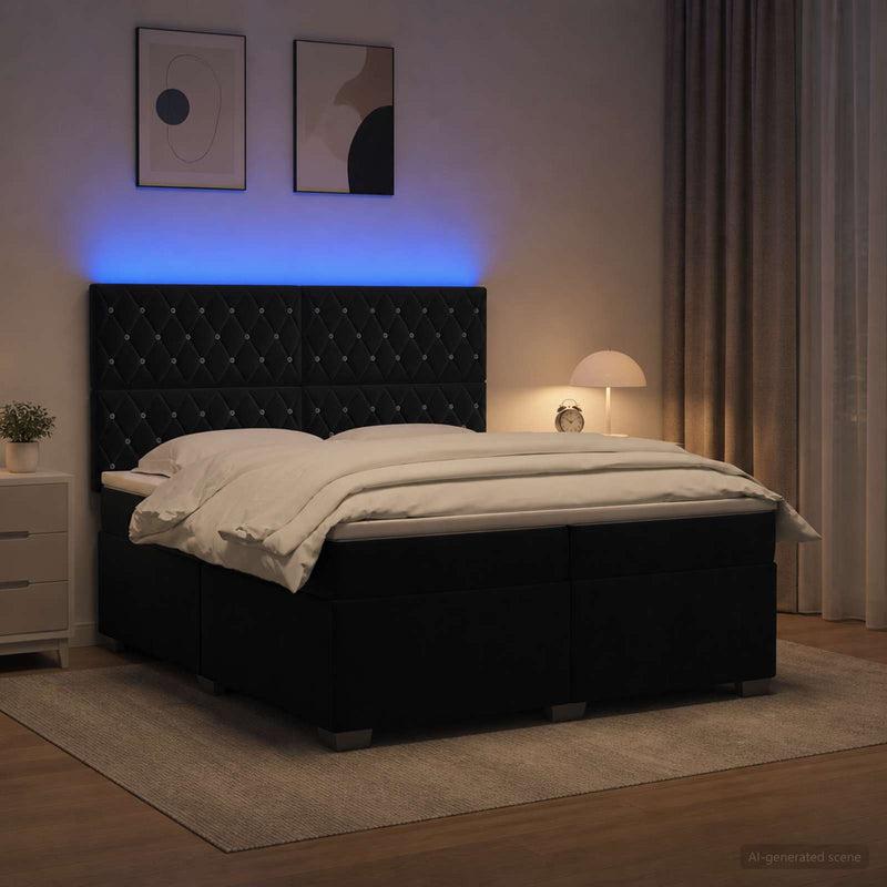 Pat boxspring cu saltea cu benzi LED Negru 200 x 200 cm Catifea