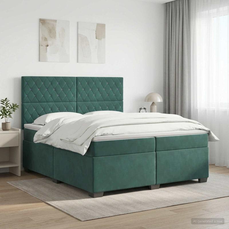 Pat boxspring cu saltea Verde închis 200 x 200 cm Catifea