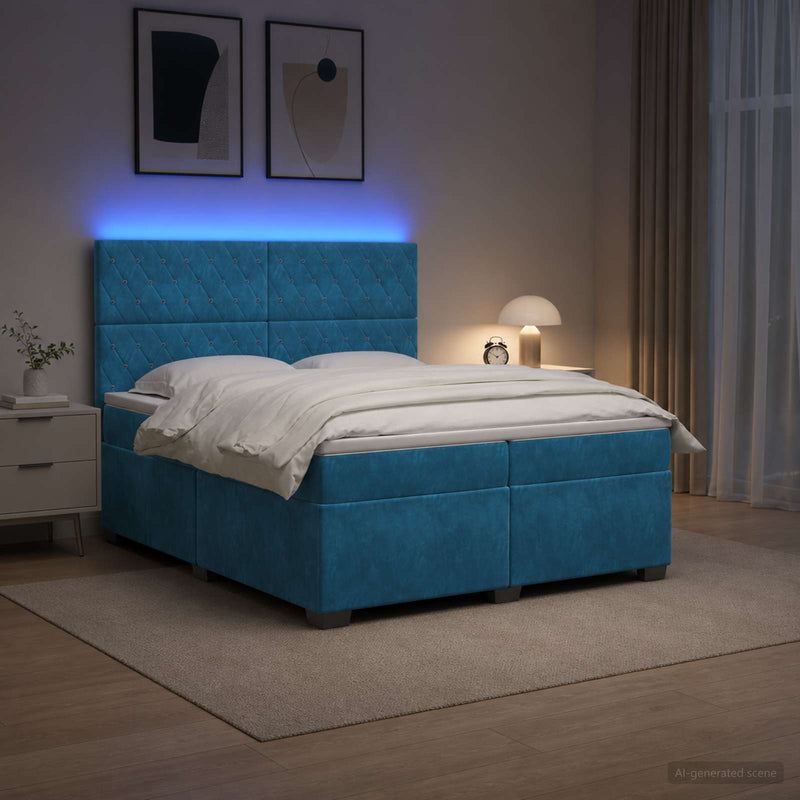 Pat boxspring cu saltea albastru 200 x 200 cm Catifea