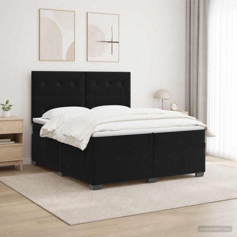 Pat boxspring cu saltea cu benzi LED Negru 200 x 200 cm Catifea