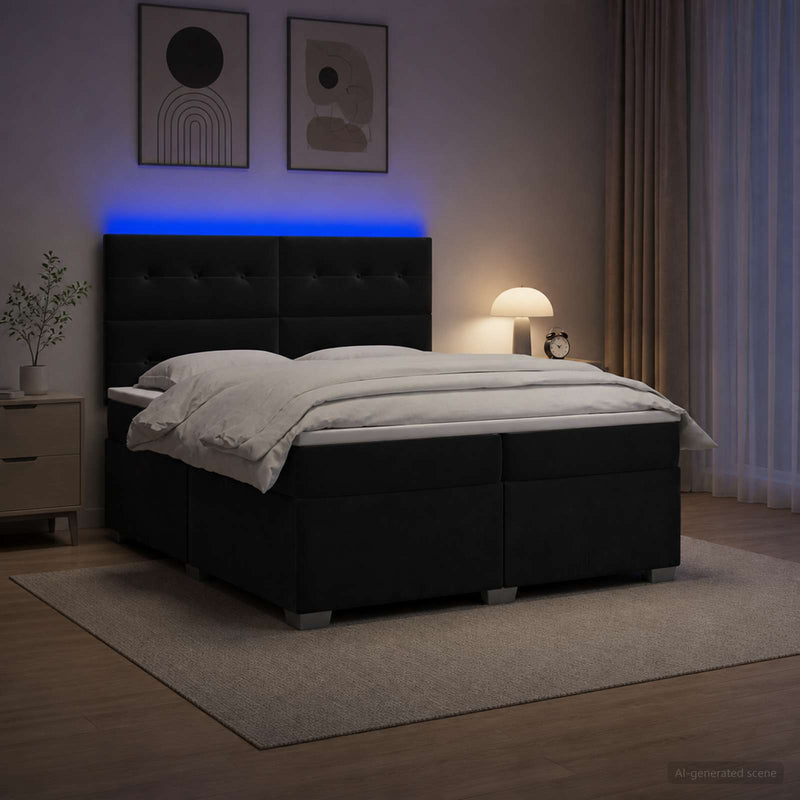 Pat boxspring cu saltea cu benzi LED Negru 200 x 200 cm Catifea