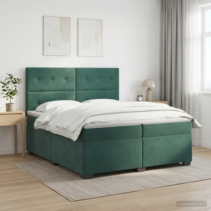 Pat boxspring cu saltea Verde închis 200 x 200 cm Catifea