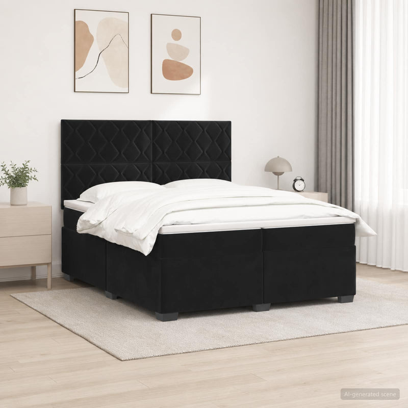 Pat boxspring cu saltea cu benzi LED Negru 200 x 200 cm Catifea