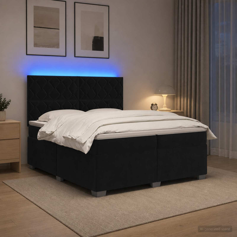 Pat boxspring cu saltea cu benzi LED Negru 200 x 200 cm Catifea