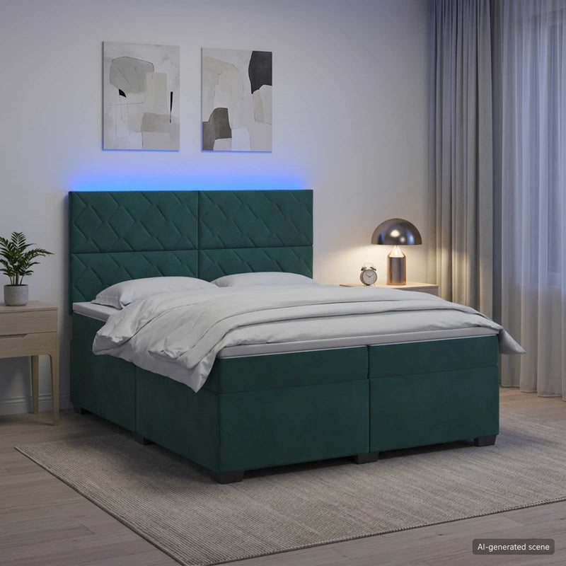Pat boxspring cu saltea Verde închis 200 x 200 cm Catifea