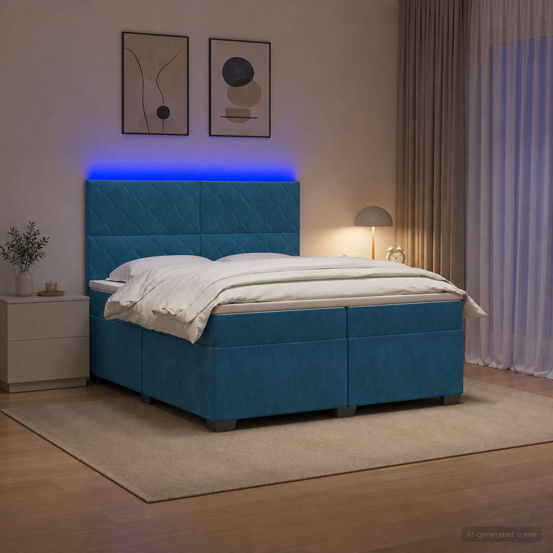Pat boxspring cu saltea albastru 200 x 200 cm Catifea